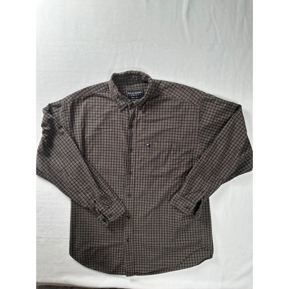 Polo Jean Ralph Lauren Men's Plaid Button Down Shirt Size L Authentic Denim Wear